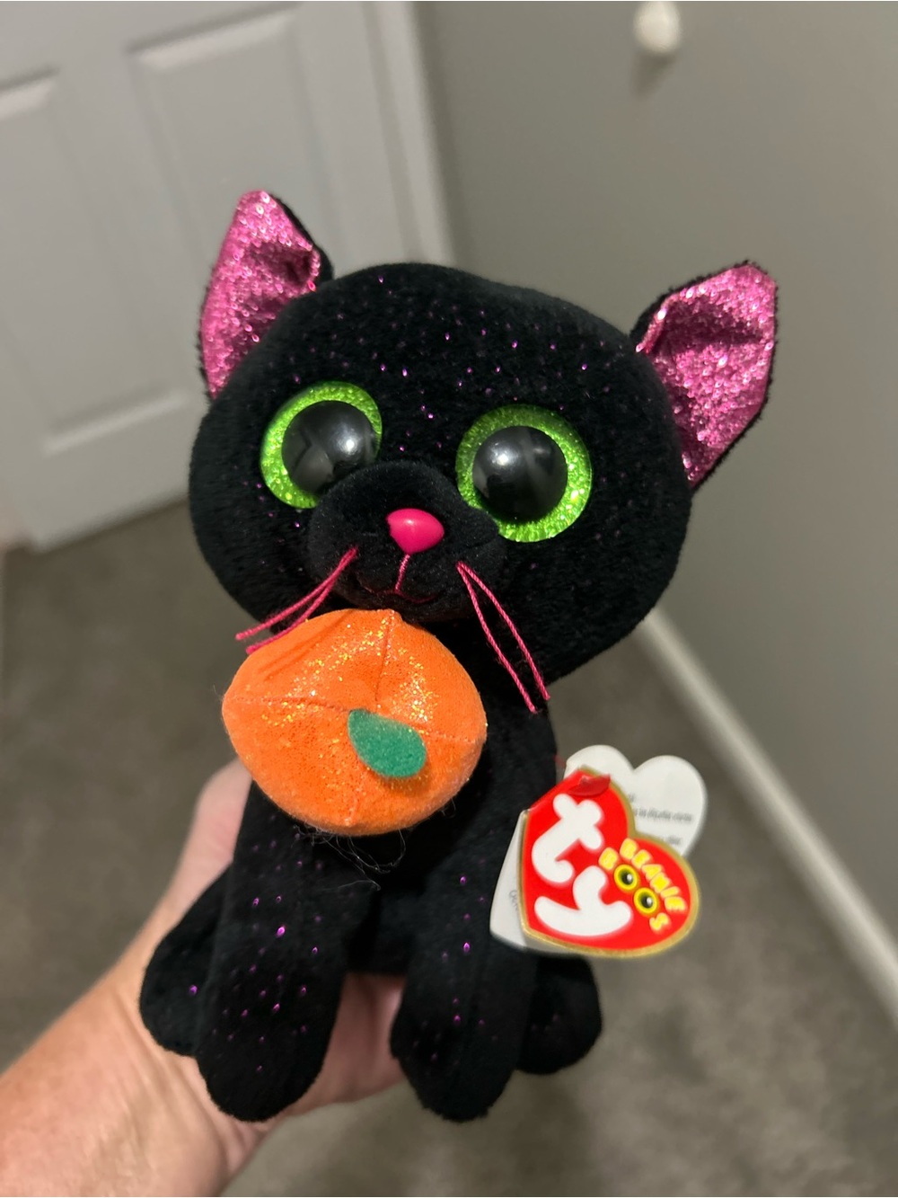 TY Beanie Boo Black Cat Plush with Orange Pumpkin - Cute Halloween Pet Toy